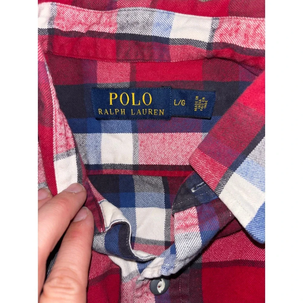 Polo Ralph Lauren Mens Red Blue White Plaid Flannel Button Down Shirt Size Large